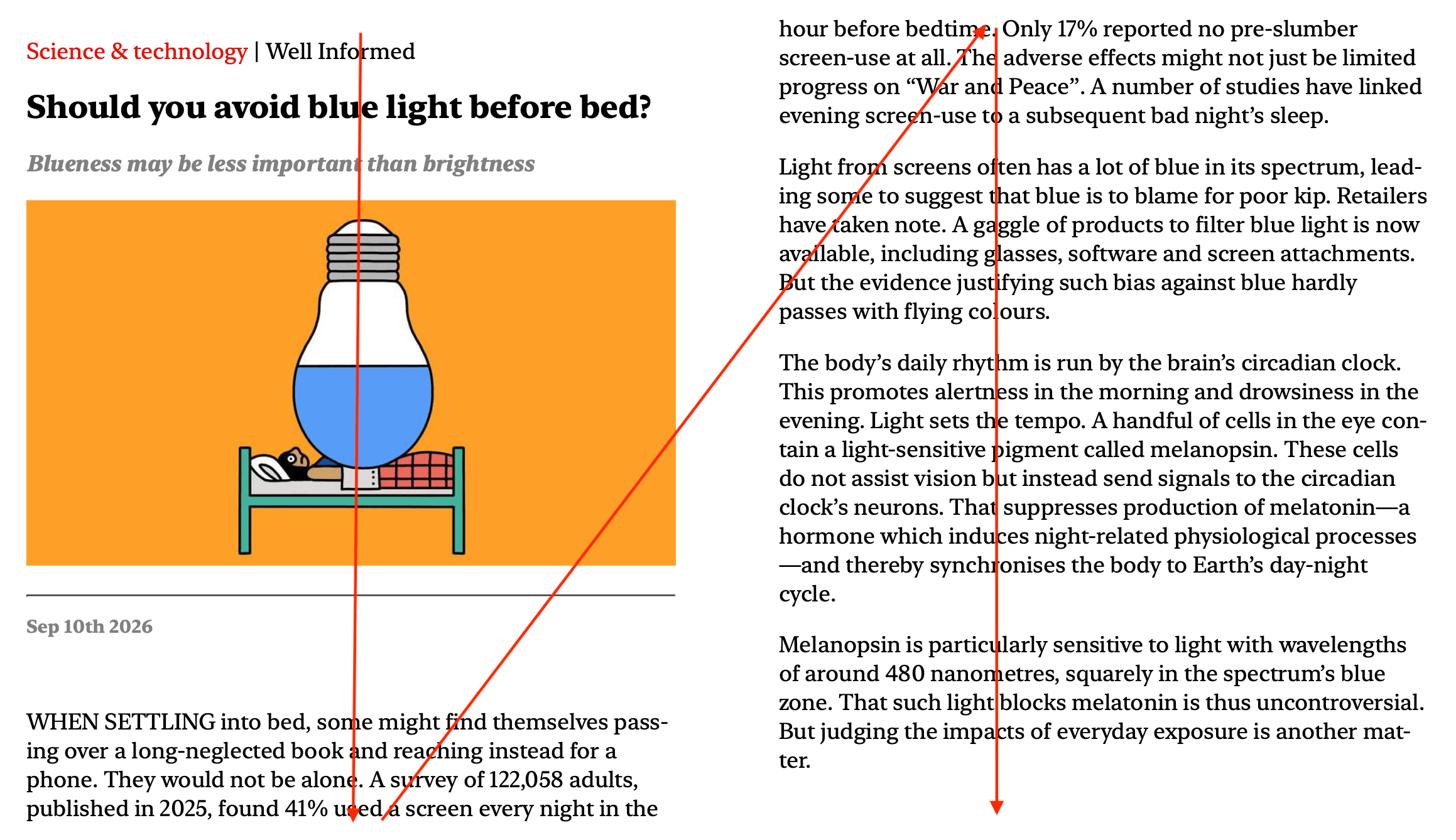 Two-column article titled "Should you avoid blue light before bed?", with the first part of the article in the left column and the continuation in the right column